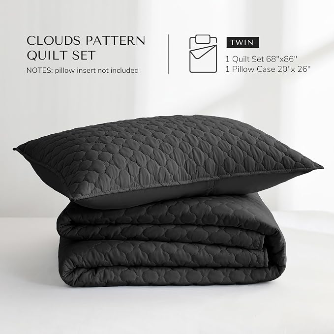 HORIMOTE HOME Quilt Set Twin Size, Black Bedspread with Clouds Pattern, Soft Coverlet Set Lightweight Microfiber Quilted Bedspread for All Season, Includes 1 Quilt and 1 Pillow Sham