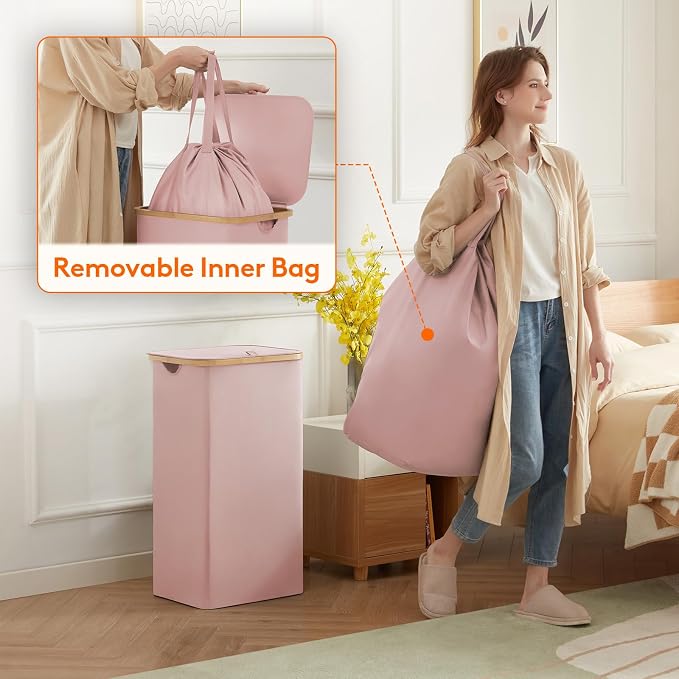 Lifewit 100L Laundry Basket with Lid, Clothes Hampers for Laundry with Bamboo Handles and 1 Removable Bag, Large Foldable Laundry Hamper for Bedroom, Bathroom, Dorm, Laundry Room, Pink