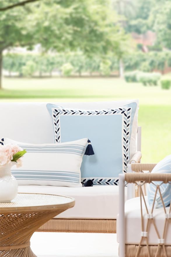 Hofdeco Premium Coastal Patio Indoor Outdoor Lumbar Pillow Cover Only, 12"x20" Water Repellent for Backyard, Couch, Baby Blue Embroidered Stripes with Tassels (Pack of 2)