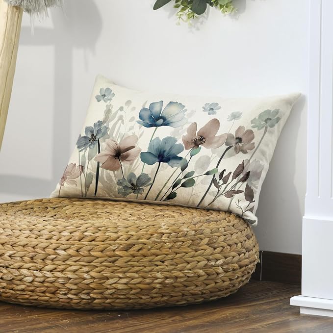 AVOIN colorlife Poppy Flowers Blue Brown Throw Pillow Cover 12x20 Inch | Chinoiserie Seasonal Leaves Cushion Case Decoration for Sofa Couch Farmhouse