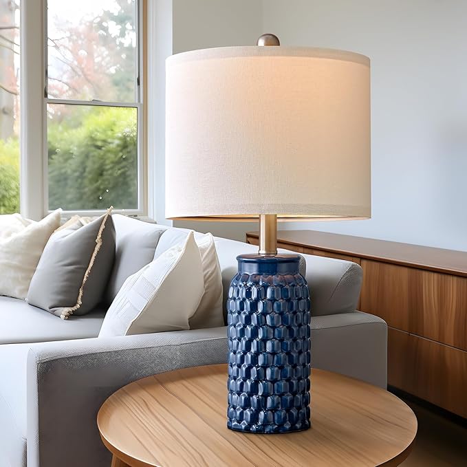 USumkky 20.5 inches Modern Ceramic Dark Blue Bedside Lamp Set of 2 for Bedroom Decor Farmhouse Table Lamp for Living Room Office Dorm