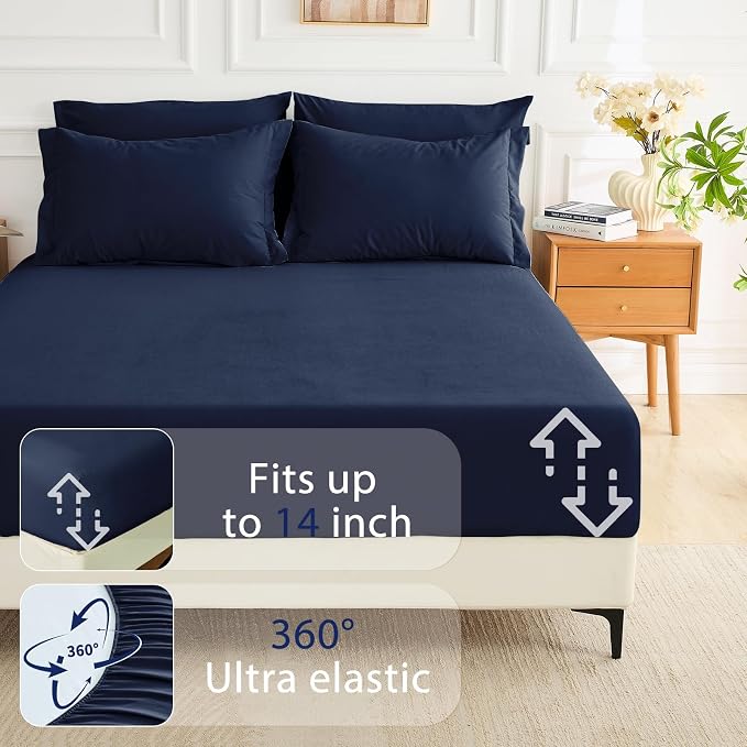 7 Pieces California King Comforter Set, Soft Bed in a Bag Cal King Size, All Season Bedding Set with Comforter, Flat Sheet, Fitted Sheet, Pillowcases & Shams, Navy Blue