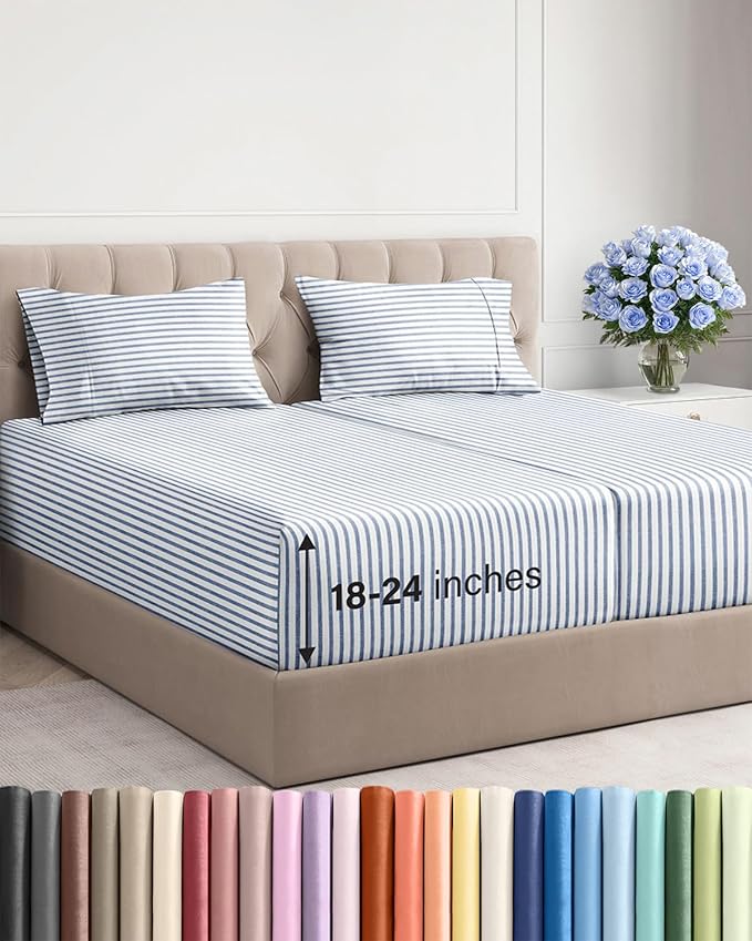 Extra Deep Split King Sheet Set - 5 Piece Breathable Cooling - Blue Stripes | Easily Fits 18 to 24 inch Mattress - Ultra Soft, Wrinkle & Fade Free with Extra Deep Pockets - Comfy Hotel Luxury Bedding