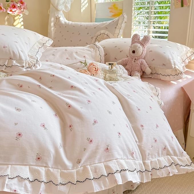 mixinni Cottagecore Shabby Chic Tiny Pink Floral Duvet Cover Twin XL, Premium 100% Cotton Dual-Sided Ruffle Lace Bedding, Vintage Farmhouse Princess Duvet Cover with Zipper & Corner Ties