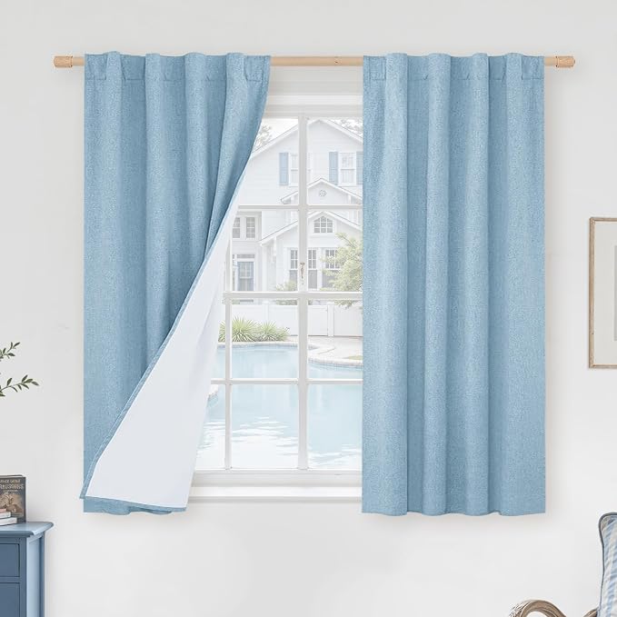 Linen Full Blackout Window Curtains for Bedroom 54 Inch, Stone Blue | Thermal Privacy Protected Curtains, Neutral Burlap Drapes, Rod Pocket Back Tab, with White Liner, 2 Panels, 38 x 54 Inch