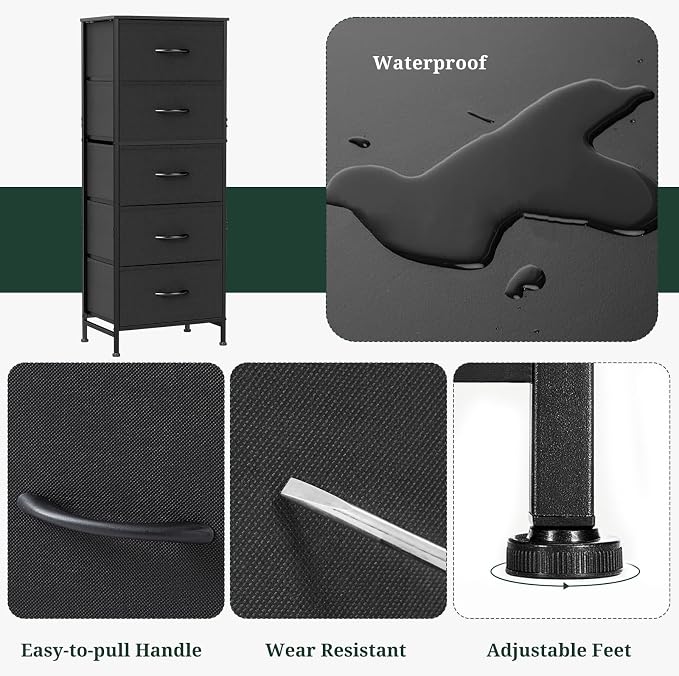 5 Drawers Dresser for Bedroom Fabric Storage Tower with Wooden Top | Steel Frame Tall Chest of Drawers for Closet, Entryway, Dorm, Black