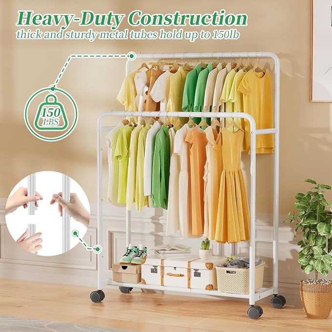 Simple Trending Clothing Clothes Rack, Double Rod Garment Rack, White | Portable Closet with Bottom Shelf, Anti-Slip Stoppers, 360° Lockable Wheels, Multiple Uses, Bedroom, Laundry Room