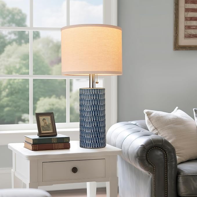 Reaketon 20.5" Modern Ceramic Table Lamps for Bedroom Set of 2, Bedside Lamps for Night Stands with Beige Lampshade, Farmhouse Table Lamp for Living Room Office Dorm, Blue