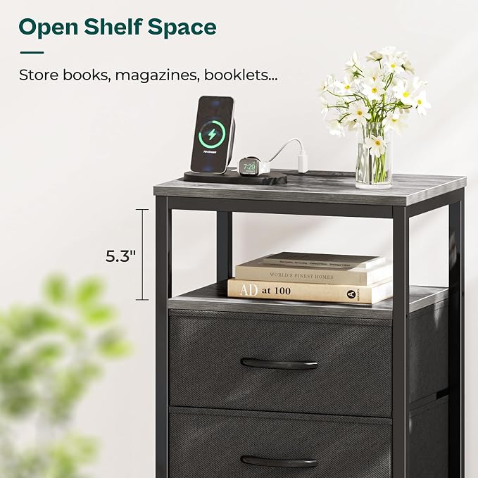 Huuger Nightstand with Charging Station, 27.6 Inch Bedside Table,Side Table | Night Stand with USB Ports and Outlets, End Table with Fabric Drawers, Night Stand with Charger Station, Charcoal Gray