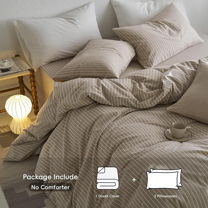 MooMee Striped Duvet Cover Set 100% Washed Cotton Linen Like | Relaxed Linen-like Texture. Soft, Breathable & Long-lasting Comfort. Lightweight. Hidden Zipper with 8 Interior Corner Ties