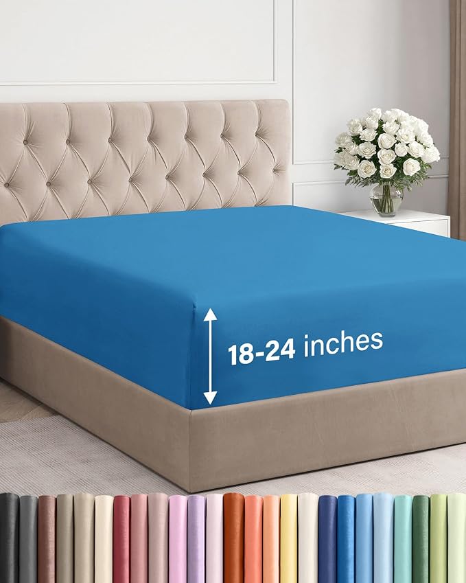 Extra Deep Queen Fitted Sheet - Single Fitted Sheet Only - Denim Blue | Easily Fits 18 inch to 24 inch Mattress, Soft, Wrinkle Free, Breathable & Comfy, Extra Deep Pockets Hotel Luxury Fitted Sheet