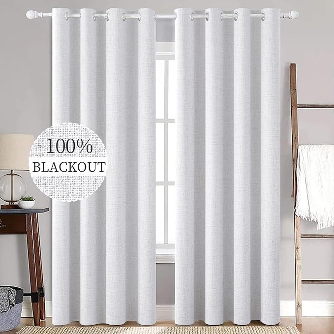 MIULEE 100% Blackout Linen Curtains for Bedroom 52x84 Inches Grayish White | Room Darkening, Light Blocking, Thermal Insulated, Grommet Top, Linen Textured, Window Curtains for Living Room, 2 Panels