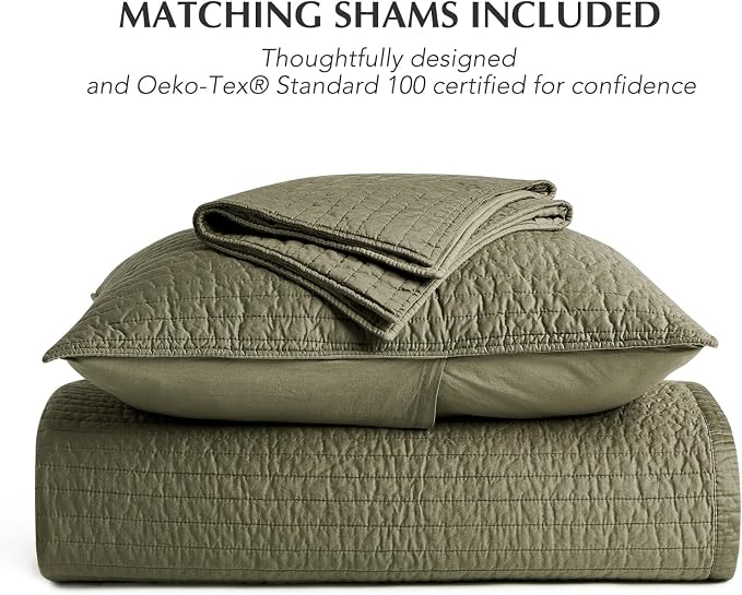 EVERGRACEHOME Cotton Sateen Quilt Set, Oversized Cal King, Olive Green | 100% Cotton, Channel Stitch Coverlet Bedspread, Pre-Washed Lightweight Soft Bedding Set for All Season, 3 Piece, with 2 Shams