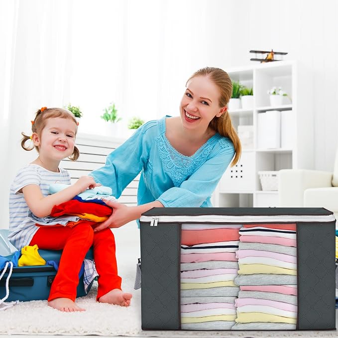 90L Large Storage Bags, 4 Pack Clothes Storage Bins Closet Organizers | Foldable Storage Containers, with Reinforced Handle, for Clothing, Blanket, Comforters, Bed Sheets, Pillows and Toys,Gray