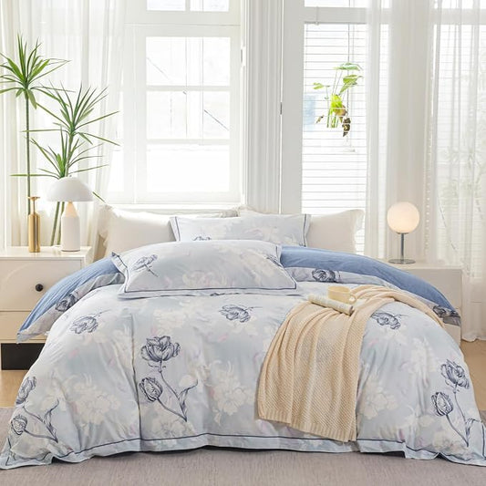 OAITE Twin Floral Pattern Duvet Cover Set Unique Design 3pcs 100% Cotton | Exquisite Stitched Hem, Breathable,Soft,Hidden Zipper,8 Corner Ties,Easy Care for All Season
