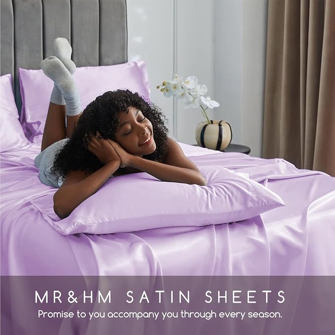 MR&HM Satin Sheets Full Size with Elastic Corner Straps, Lilac | Similar to Silk, 4-Piece Silky Soft Bed Sheet Set, Gentle on Skin and Hair, 15" Deep Pocket, Cooling & Breathable