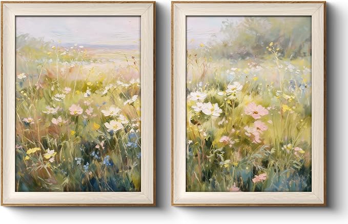 VIYYIEA Framed Canvas Wall Art Set of 2, Rustic Floral Impressionist Oil Painting, Wildflowers Meadow Nature Aesthetic Wall Decor, Living Room Bedroom Bathroom Kitchen, 12×16inch