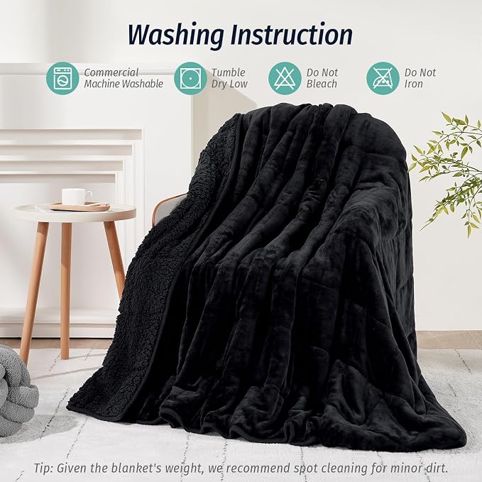 Sherpa Fleece Weighted Blanket for Adult 20 lbs Queen 60"x80" Black | Better Sleep, Relax Body & Mind, Dual Sided Soft Fuzzy Heavy Throw Blankets, Plush Flannel Top, Chunky Fluffy, Warm Hug