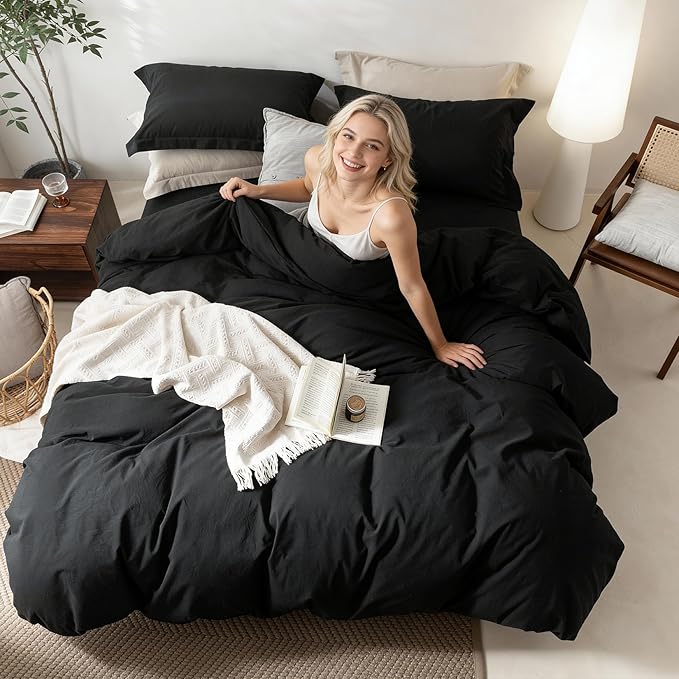 BDEAR 3Pcs Black Duvet Cover Set Super Queen Size 98" L x 90" W,Oeko TEX | 100% Washed Cotton, 1 Duvet Cover with 2 Pillowcases, Zipper Closure, 8 Corner Ties,Linen-Liked Texture, Skin Friendly
