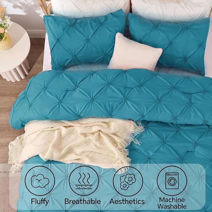BEDELITE Twin Comforter Set Teal,Lightweight & Soft Comforter | Pintuck Boho Bedding, Warm & Cute Bed Set for All Season,With 1 Pillowcase