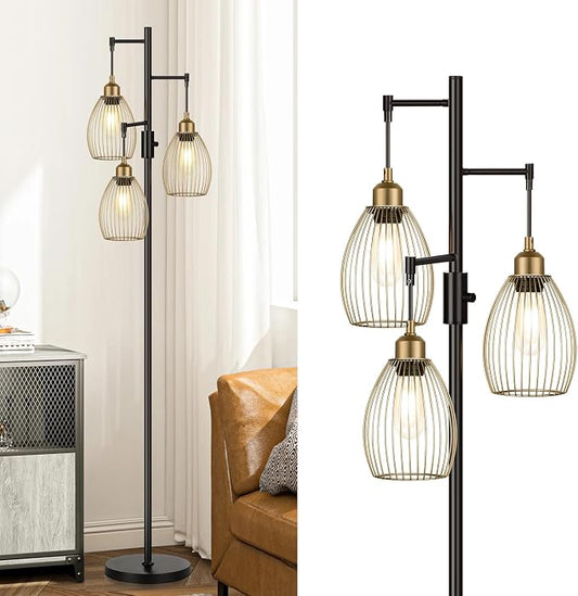 Dimmable Floor Lamp, Industrial Floor Lamps for Living Room, Gold and Black Tree Lamp Standing Lamp Tall Lamps with 3 Elegant Teardrop Cage Head & 800 Lumens LED Bulbs for Living room Bedroom Office