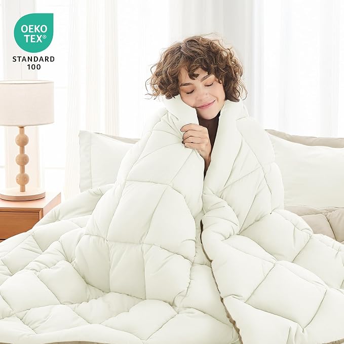 7 Pieces Full Comforter Set, Reversible Bed in a Bag Full Size, All Season Bedding Set with Comforter, Flat Sheet, Fitted Sheet, Pillowcases & Shams, Ivory & Khaki