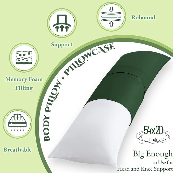 Ubauba Memory Foam Body Pillow with Cover, Full Large Body Pillows Insert for Adults with Envelope Closure Pillowcase, Firm & Fluffy Long Bed Pillows for Sleeping (20x54 inch, Green)