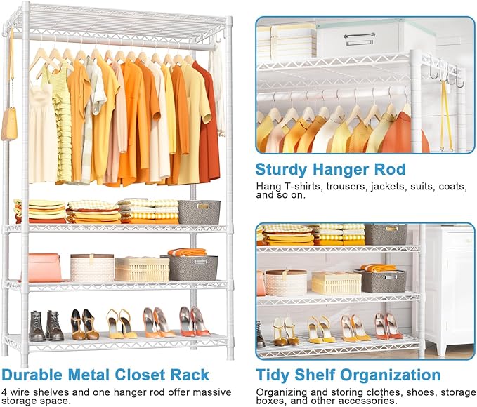Ulif H4 Plus Garment Rack, 4-Tier Portable Clothes and Clothing Rack for Bedroom and Cloakroom, Closet Storage and Organizer Wardrobe System, 45" W x 14" D x 76.4" H, Load 522lbs, White | Heavy-Duty Metal Clothing Storage and Organizer Wardrobe System ...