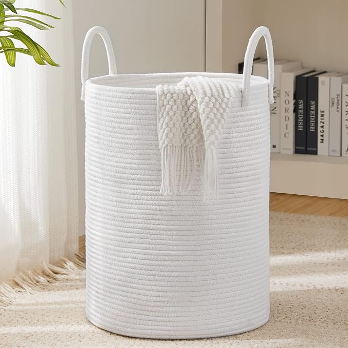 Woven Rope Laundry Hamper Basket by YOUDENOVA, 72L Tall Luandry Basket, Baby Nursery Hamper for Blanket Storage in Bedroom-Large-Pure White | Large Woven Laundry Hamper with Sturdy Handles, Collapsible Home Decor Laundry Basket for Laundry, Clothes, To...