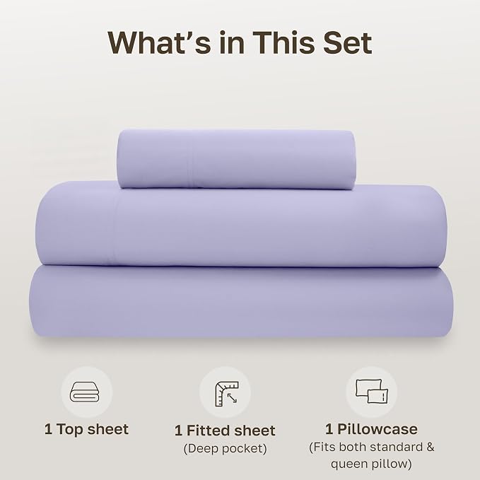 California Design Den 100% Organic Cotton Twin Bed Sheets Set, 3 Pc | GOTS Certified, Lightweight Crisp & Airy Percale For Hot Sleepers, All-around Elastic, Easy Care - Lavender Mist
