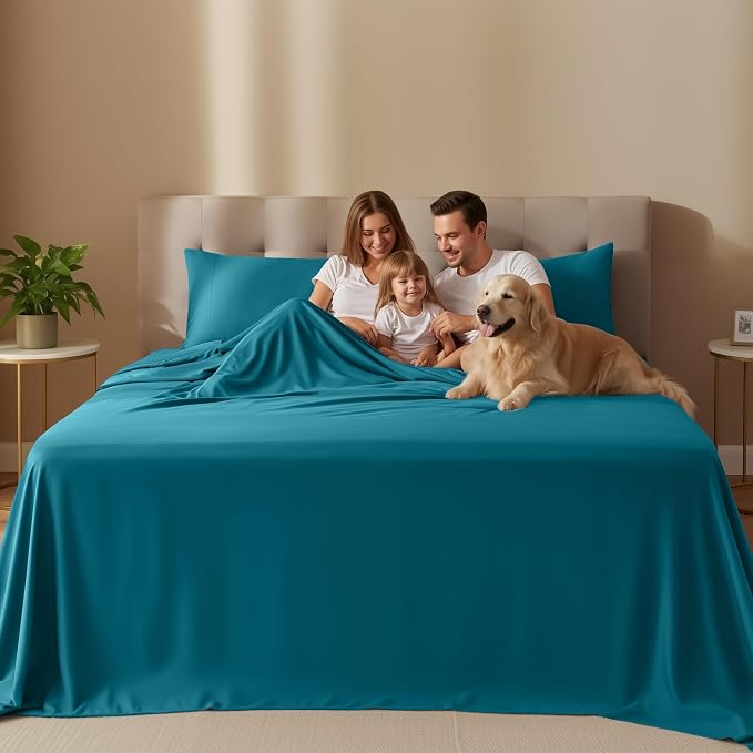 Full Sheets Set, 4 Pieces 16" Deep Pocket Hotel Luxury Sheets, Denim Blue | Extra Soft Bedsheet Set, Comfy & Breathable Cooling Sheets, Wrinkle & Fade Resistant, Fitted Sheet, Flat Sheet, 2 Pillowcases