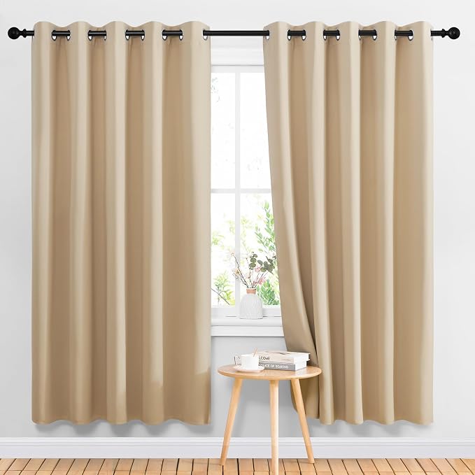 NICETOWN Biscotti Beige Blackout Curtains for Living Room 66" x 70" 2 PCs | 3 Pass Microfiber Noise Reducing Thermal Insulated Solid Ring Top Window Drapes for Bedroom Kitchen, Light Blocking Decor