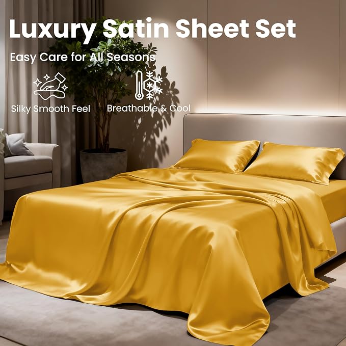Love's cabin Satin King Sheet Sets - 4 Piece Gold Silky Sheets King Size Bed with Deep Pocket, Luxury Silk Feel King Size Satin Sheet Set (1 Flat Sheet,1 Fitted Sheet,2 Pillow Cases)