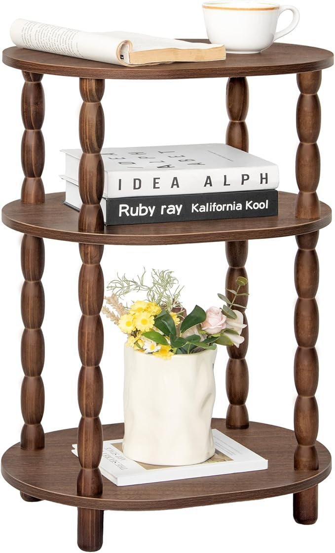 MaxSmeo Small Side Table, 3-Tier Small End Table, Modern Oval Night Stand Accent Table for Living Room, Bedroom, Walnut Brown