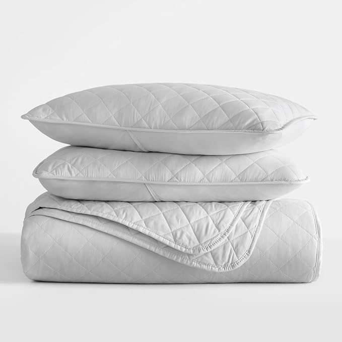 Merit Linens Modern Quilt Coverlet Soft Set in Diamond Stitching - King/Cal-King Light Gray