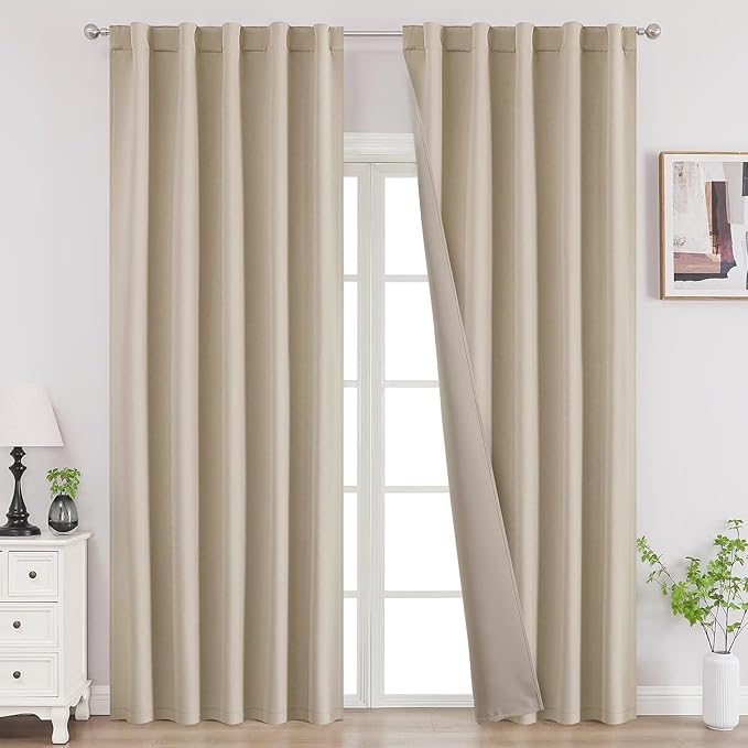 Joydeco 108 Inch Blackout Curtains for Bedroom, Thermal Insulated Black Out Curtains 2 Panels Set, Room Darkening Drapes for Living Room Window Rod Pocket Back Tab (W37 x L108 Inch, Light Beige)