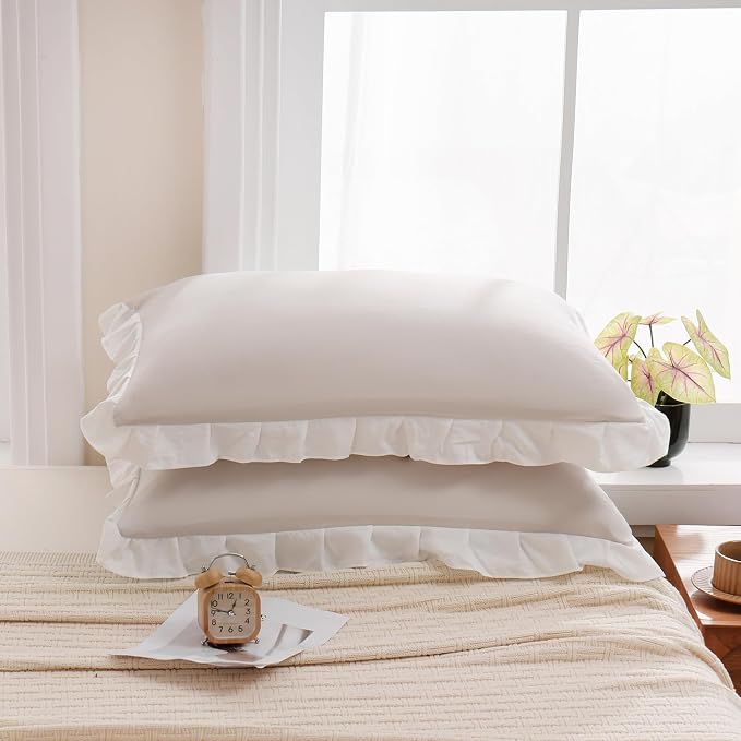 Merryword Beige Pillow Shams Beige and White Reversible King Pillowcases Cute Pillow Cover Set of 2 Soft Shabby Chic Ruffled Pillowcases 2 Pack (King (20''x36''), Beige White)