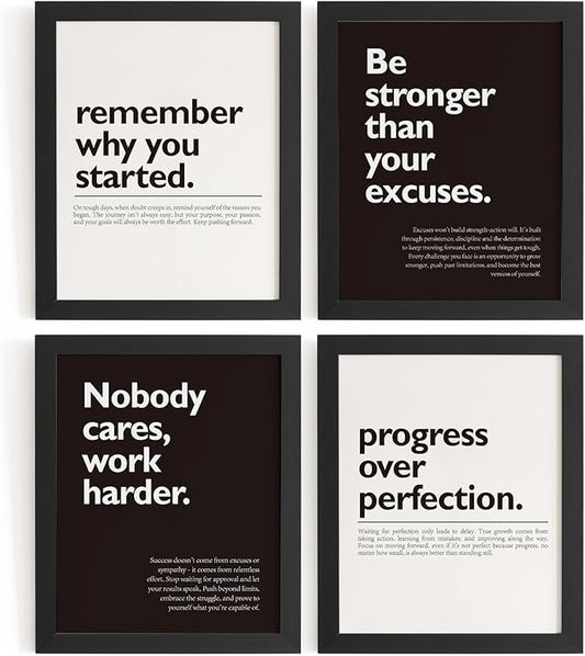 DSHFG Motivational Office Pictures Wall Decor Prints Set of 4 | Black Motivational Wall Art Office Decor Retro Posters Prints for Office Home Decor, 8x10 Unframed