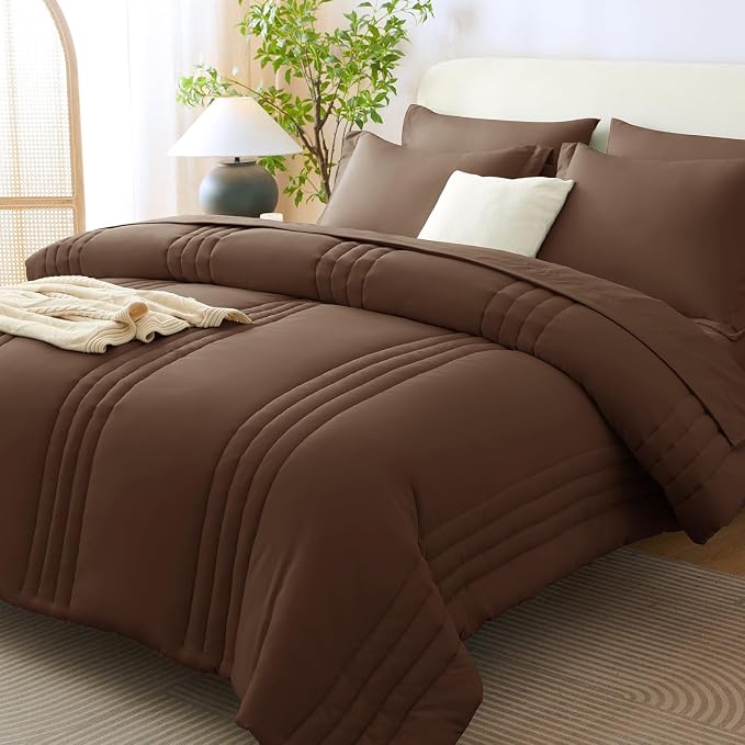 Full Size Comforter Sets Brown- 7 Pieces Bed in a Bag | OEKO-TEX Certified, 240GSM Down-Alternative Comforter, 14" Deep-Pocket Sheets, Shams & Pillowcases, Lightweight