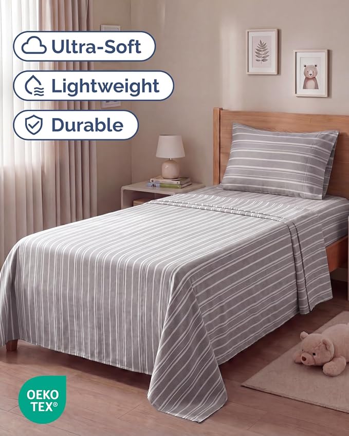 Twin Size 3 Piece Sheet Set - Breathable & Cooling Sheets - Grey Stripes | Hotel Luxury Bed Sheets for Women & Men, Deep Pockets, Easy-Fit, Extra Soft and Wrinkle Free Sheets, Oeko-Tex Bed Sheet Set