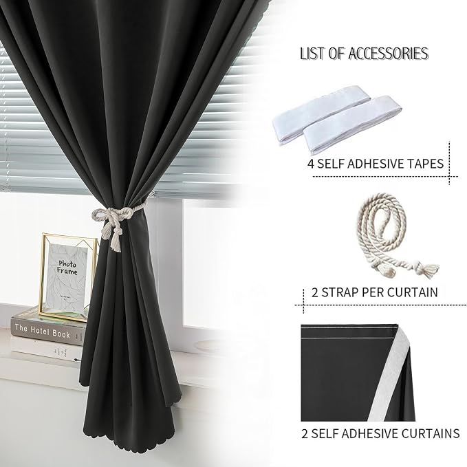 Instant Blackout Window Curtain with Reusable Adhesive, Thermal Insulated Fabric for RV Camper Small Windows, 71" W x 72" L, Black, 2 Panels