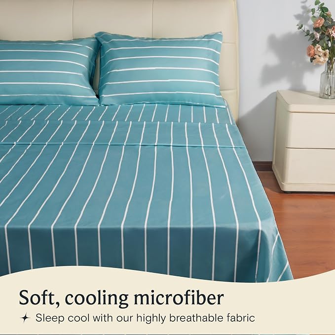 LuxClub 4 PC Queen Size Sheet Set Bed Sheets, Breathable Luxury, Deep Pockets 18" Wrinkle Free Cooling Machine Washable Hotel Bedding (Striped Light Blue) | LuxClub Silky Fitted Sheet & Pillowcase Sets, Breathable Hotel Luxury Bedding for Mattress Wrin...