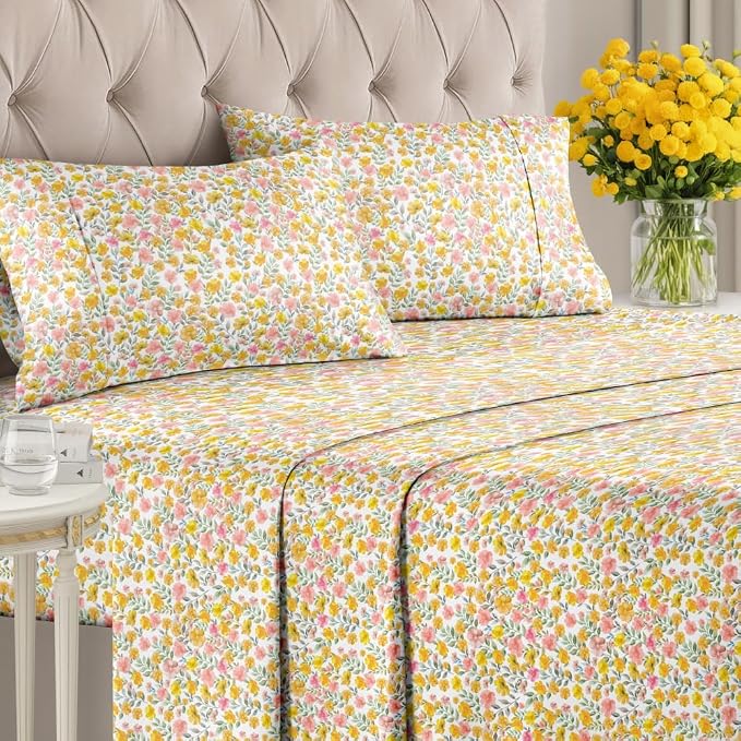 King 4 Piece Floral Sheet Set - Breathable & Cooling - Sun Kissed Bloom | 1 Flat, 1 Fitted & 2 Pillowcases w/ Deep Pockets, Boho Botanical Floral Bedding, Breathable & Cooling, Wrinkle & Fade Free