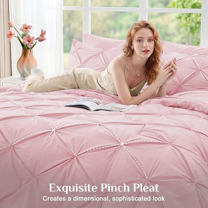 JOLLYVOGUE California King Comforter Set 7 Pieces - Bed in a Bag Cal King for All Season, Pintuck Bedding Comforter Sets with Comforter, Flat Sheet, Fitted Sheet and Pillowcases & Shams, Baby Pink