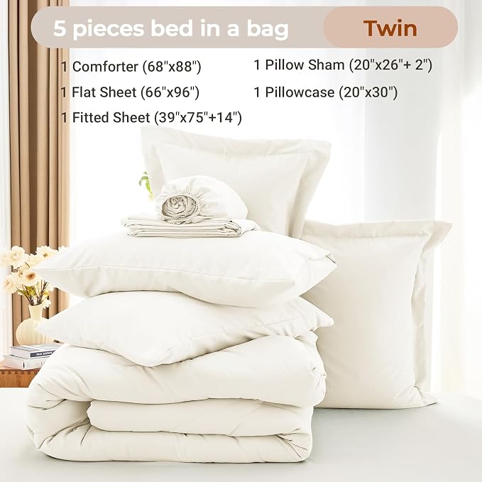 5 Pieces Twin Comforter Set, Soft Bed in a Bag Twin Size, All Season Bedding Set with Comforter, Flat Sheet, Fitted Sheet, Pillowcases & Shams, Ivory