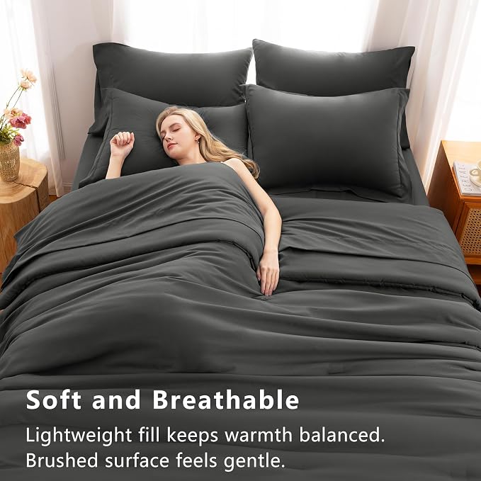 Oversized King Comforter Set Dark Grey, 7 Pieces Bed in a Bag | OEKO-TEX Certified, All-Season, Bedroom, 240GSM Down Alternative Comforter, Flat & Fitted Sheets, 2 Pillowcases & 2 Shams