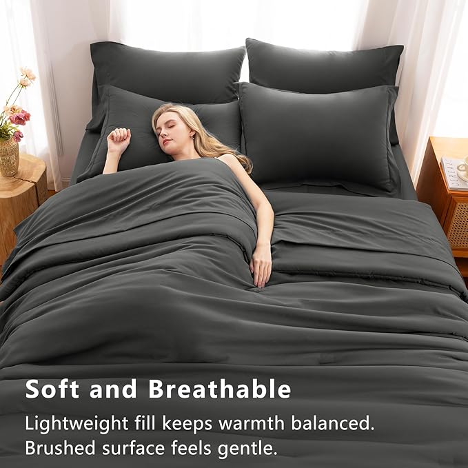 Twin XL Comforter Dark Grey, 5 Pieces Bed in a Bag | College Dorm Essentials, OEKO-TEX Certified, 240GSM Down Alternative Comforter, Flat & Fitted Sheets, Pillowcase & Sham