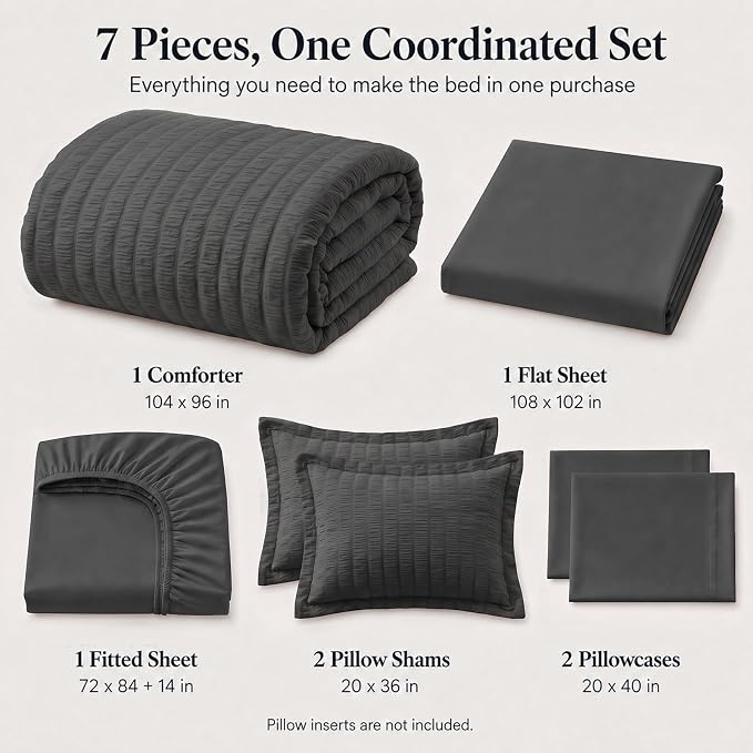 California King Comforter Set, Dark Grey Seersucker Bed in a Bag | OEKO-TEX Certified, 7 Pieces Bedding Sets with 240 GSM Down Alternative Comforter, Flat & Fitted Sheets, Pillowcases & Shams
