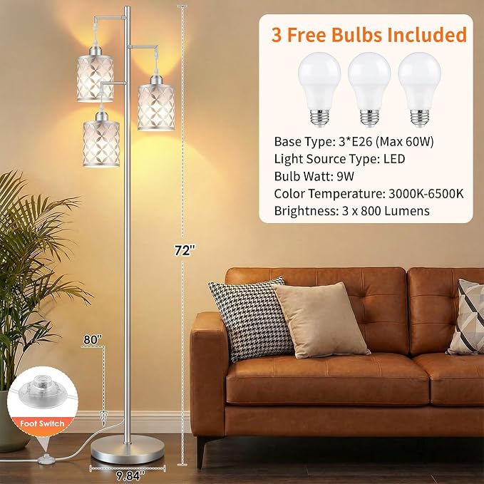 72" Dimmable Floor Lamp with Remote & Timer, Modern Minimalist Standing Lamp for Living Room Bedroom, 3 Individually Controlled Heads, 2 Height Options, 3x 1100LM LED Bulbs Included -Silver