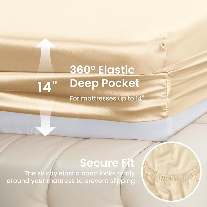 Love's cabin Satin Sheet Set, 3 Piece - Twin XL, Beige, Luxury Silky Soft Bed Linen with Deep Pockets